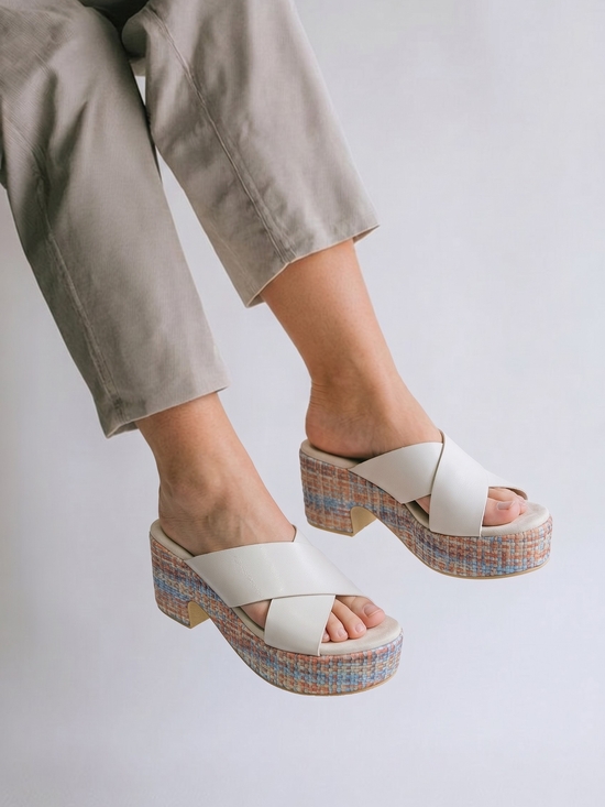 Beach By Matisse Shoes - Cream Crisscross Platform Sandals with Multicolor Tweed Heel